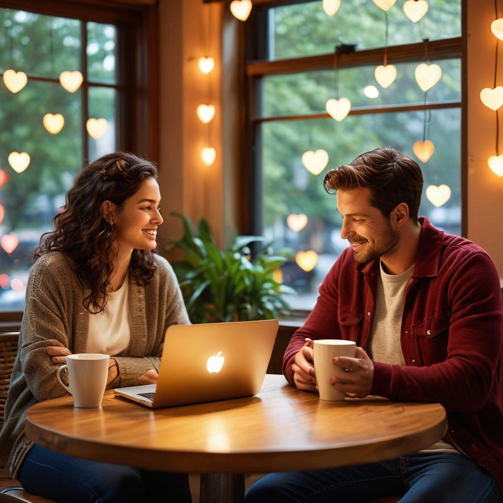 A heartfelt scene of a diverse couple sitting together at a cozy café, each using their laptops and phones, with glowing symbols of popular digital tools like chat bubbles, hearts, and calendar icons floating around them. In the background, warm ambient lighting creates an inviting atmosphere, suggesting intimacy and connection. Incorporate elements like coffee cups and plants to enhance the setting. super-realistic. vibrant colors. soft focus.