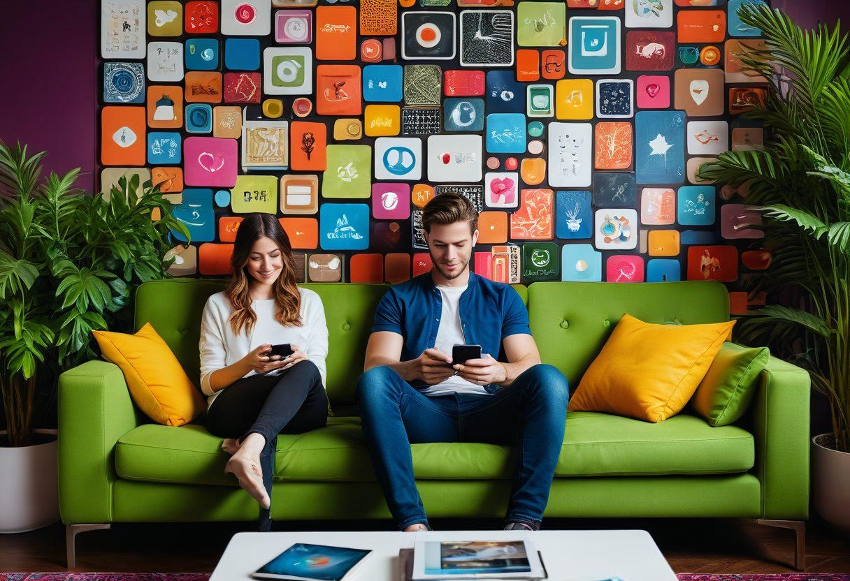 A modern couple sitting together on a cozy sofa, both engrossed in using their smartphones, with colorful app icons floating around them symbolizing communication tools. The setting is warm and inviting, decorated with plants and soft lighting, capturing the essence of connection and technology. Emphasize their relaxed expressions to convey happiness and intimacy. vibrant colors. modern design. warm lighting.